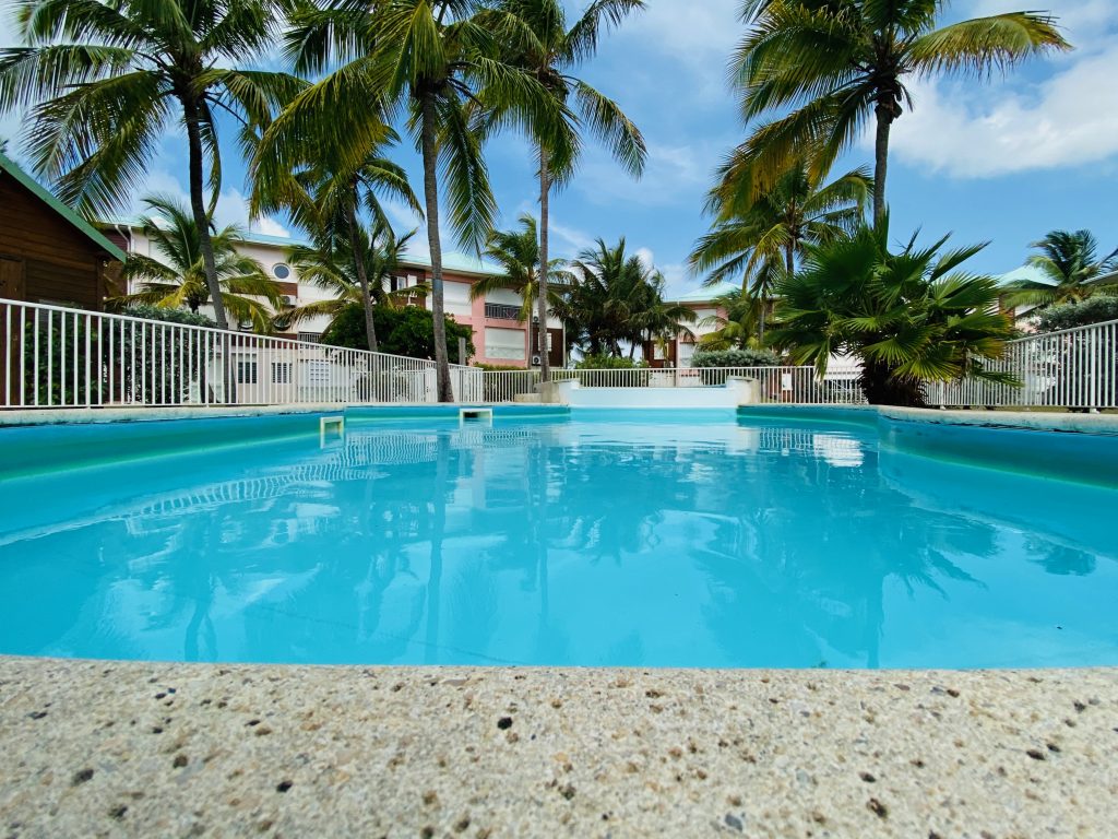 La grande piscine de Crystal Beach, entourée de palmiers